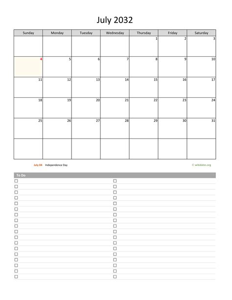 July 2032 Calendar With To Do List