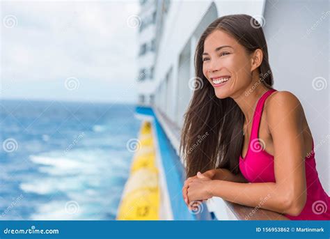 Happy Asian Travel Tourist Woman Relaxing On Cruise Ship Deck Enjoying