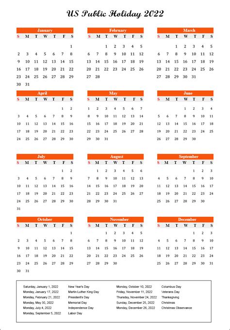 Us Public Holidays 2022 With Yearly Printable Calendar