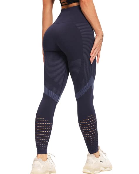 Seasum Seasum Women S High Waist Workout Seamless Yoga Leggings Hollow Out Tummy Control