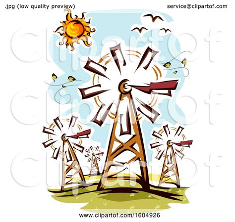 Clipart Of A Windmill Farm On A Sunny Day Royalty Free Vector