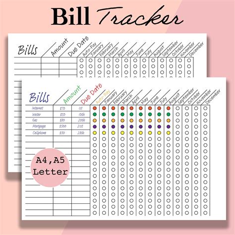 Bill Tracker Printable Monthlyyearly Bill Organizer A4 Etsy