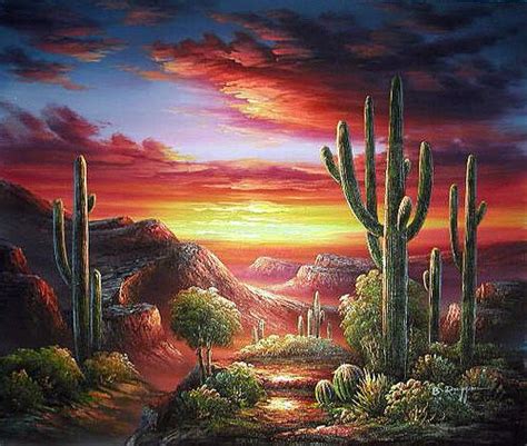 A Painting Of A Desert Scene With Cactus Trees And Mountains In The