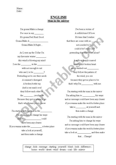 English Worksheets Man In The Mirror Michael Jackson
