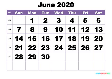 Best Free June 2020 Blank Calendar Printable Templates Dream