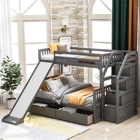 Buy Merax Solid Wood Twin Over Full Bunk Bed With Drawers Storage And Slide Multi Function For