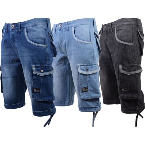 Crosshatch Mens Denim Shorts Stretch Cargo Knee Length Combat Pants Multi Pocket Ebay