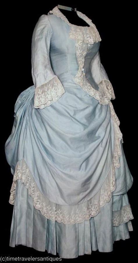 Blue Silk Bustle Dress Early Bustle With Embroidered Net Lace Time
