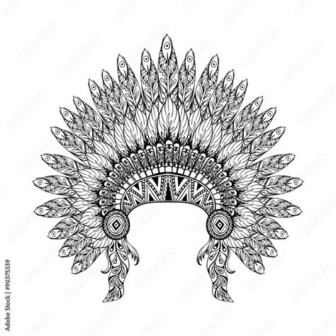 Hand Drawn Feathered War Bonnet In Zentangle Style High Dataile Stock
