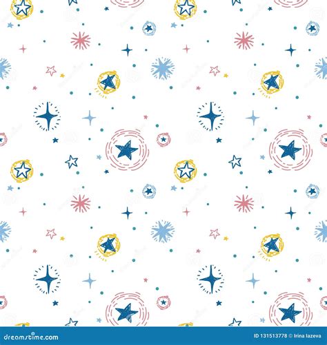 Starry Seamless Pattern With Hand Drawn Sketch Stars Stock Vector