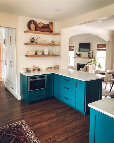 Kitchen Renovation Teal Shaker Cabinets Two Tone 2 Tone Open Shelves
