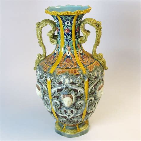 Big Antique English Majolica Baroque Vase With Ladies Faces Majolica