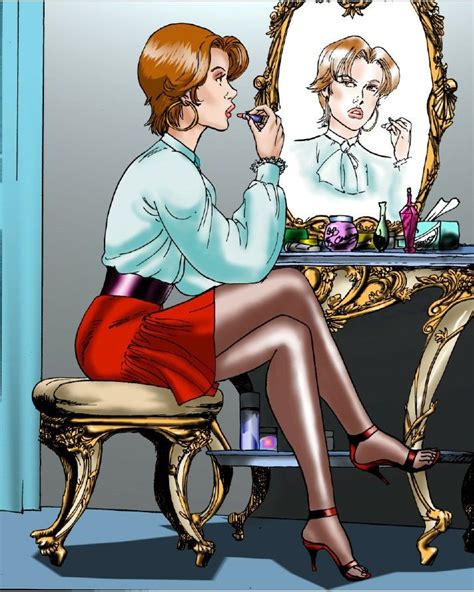 A Woman Sitting In Front Of A Mirror Brushing Her Teeth While Looking