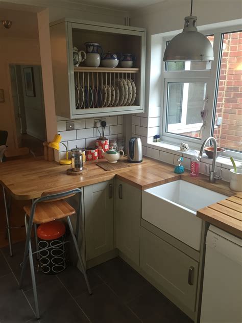 How about including all three by going for a countertop cabinet. Kitchen ideas: Flint grey cabinets, oak worktops, butler ...