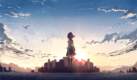 Wallpaper City Anime Girls Sunset Sky Clouds Standing School