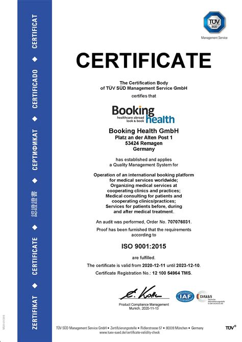 Quality Standards Certificate Iso 90012015 Booking Health