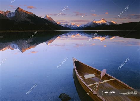 Canoe Moored On Maligne Lake Jasper National Park Alberta Canada