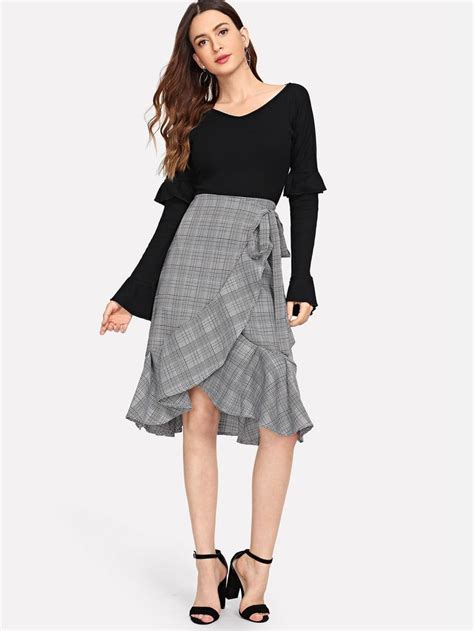 Ruffle Hem Plaid Wrap Skirt Hemruffleplaid Fashion Casual Fashion Lace Skirt
