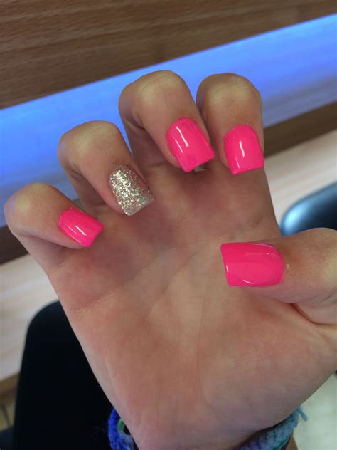 Hot Pink Glitter Nails Pink Acrylic Short Square Acrylic Nails