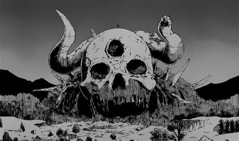 A Black And White Drawing Of A Giant Skull In The Middle Of A Snowy