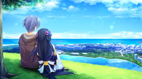 Download 1366x768 Anime Couple Scenic Romance Clouds