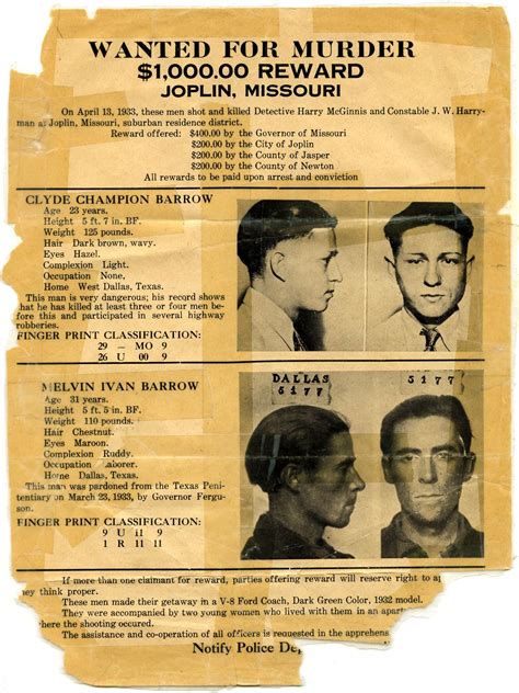 Clyde Champion Barrow And Marvin Barrow Wanted Poster 1933 Joplin