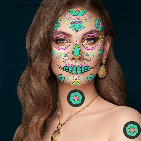Ni Halloween Fluorescent Face Tattoo Sticker Waterproof Day Of The Dead Skull Face Dress Up