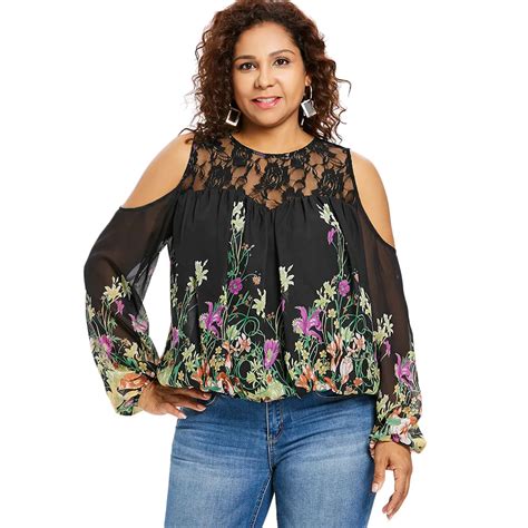 Wipalo Plus Size 5xl Cold Shoulder Floral Print Lace Panel Blouse Women Long Sleeve O Neck See