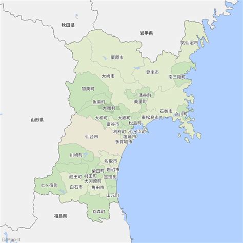 Miyagi prefecture has a population of 2,305,596 (1 june 2019) and has a geographic area of 7,282 km2 (2,812 sq mi). 宮城県の地図 | Map-It マップ・イット