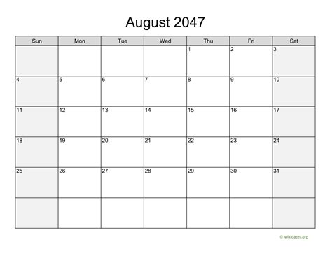 August 2047 Calendar With Weekend Shaded