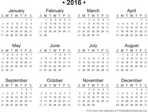 2016 Year Calendar