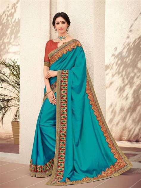 Womens Art Silk Embroidered Saree In Green Blue Silk Saree Saree Designs Fancy Sarees