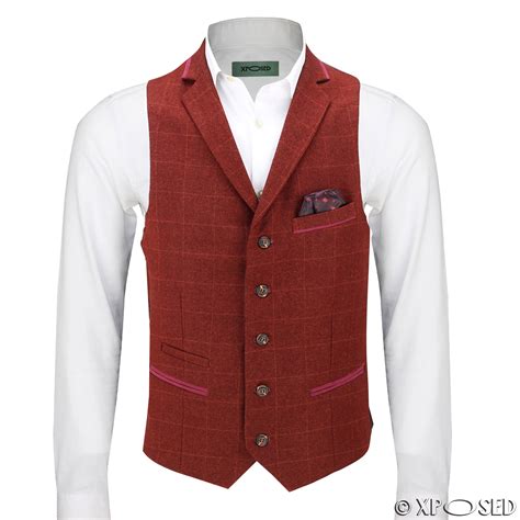 Mens Herringbone Tweed Check Vintage Collar Waistcoat Casual Tailored