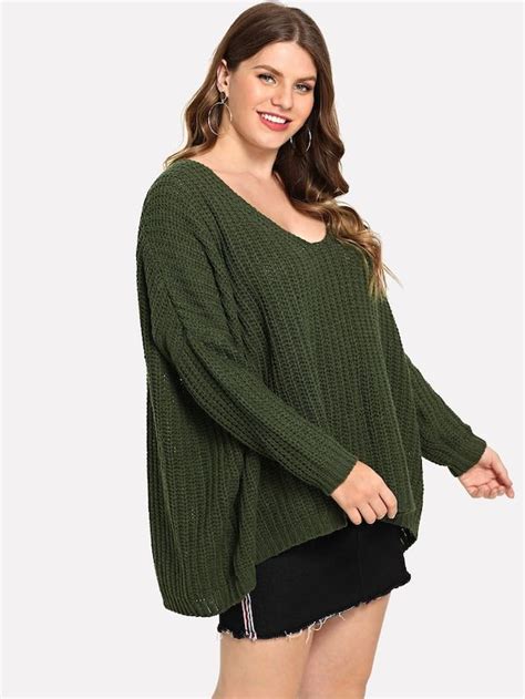 Shein Plus V Neck Solid Oversized Sweater Plus Size Sweaters