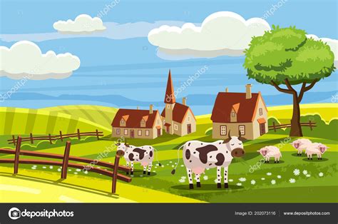 Cute Rural Landscape With Farm Cow Flowers Hills Village Cartoon