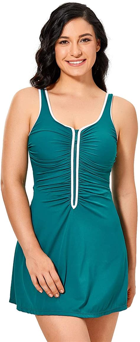 Delimira Womens Plus Size One Piece Swimsuit Zip Front Skirted Bathing Suits Swimdress Deep