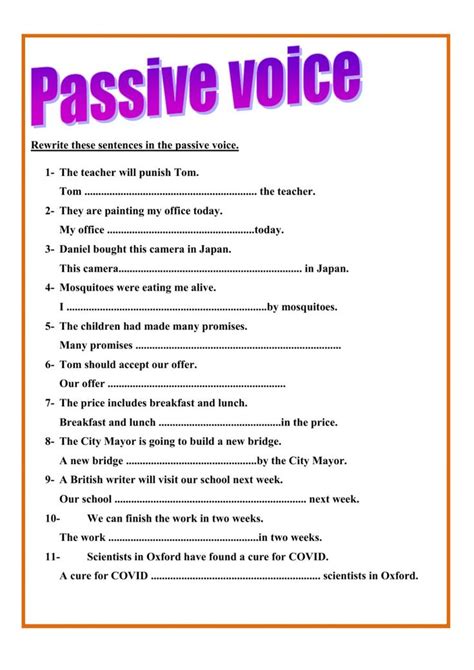 The Passive Voice Worksheet Is Shown In Purple And Orange With An Orange Border