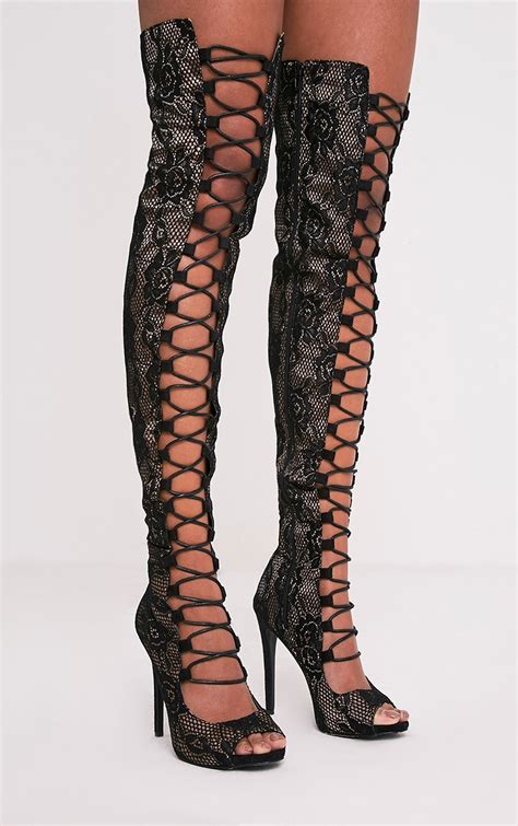 Safire Black Lace Up Thigh High Lace Heels Prettylittlething