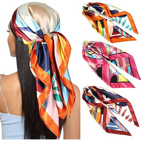 Awaytr 35” Large Square Satin Head Scarf 3pcs Satin Hair Scarves Silk Bandana Scarf Headscarf