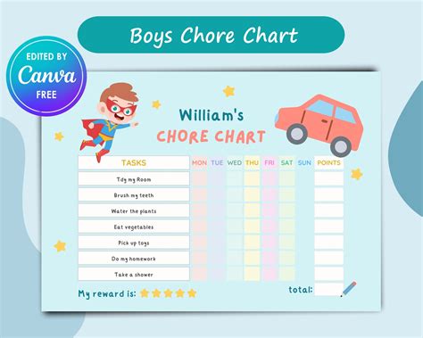 Editable Chore Chart For Boys Kids Chore Chart Canva Etsyde