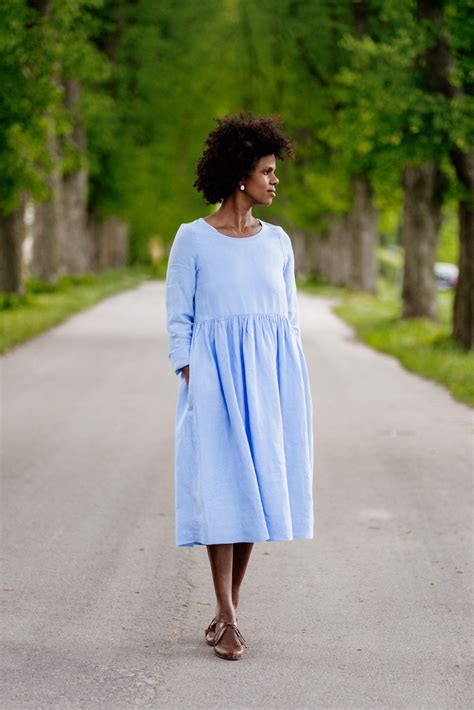 Linen Smock Dress Summer Dress In Light Blue Color Son De Flor Plus