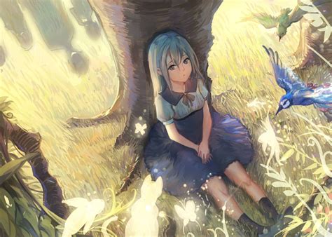 Wallpaper Trees Birds Anime Girls Blue Hair Original Characters