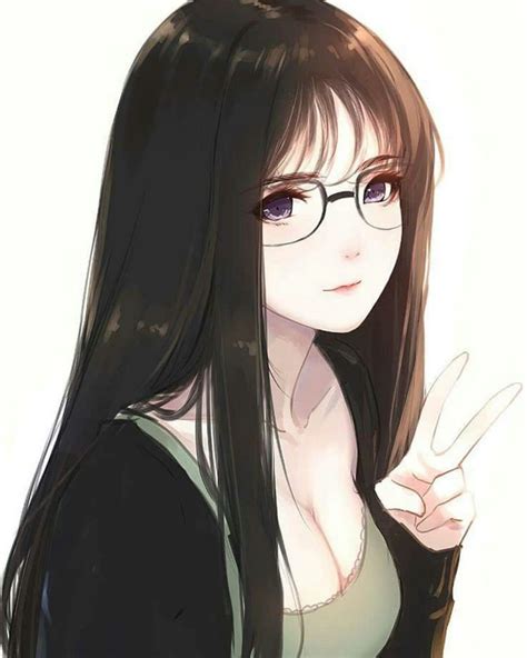 Anime Girl With Short Black Hair And Bangs And Glasses