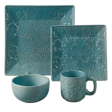 Savannah Turquoise 16 Piece Ceramic Western Dinnerware Set By Hiend