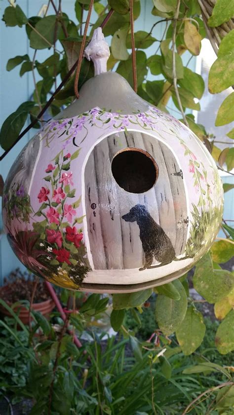 Gourd Birdhouse Cottage Style Painted Lavender With A Beautiful Garden