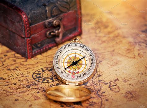 Old Compass With Treasure Chest High Quality Education Stock Photos