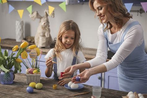 Happy Mom And Child Following Easter Tradition Stock Image Image Of