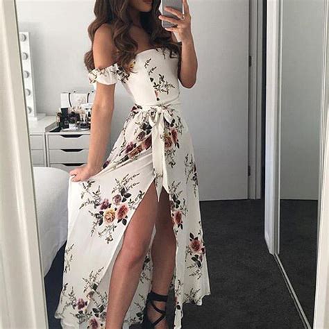 Buy Women Long Maxi Boho Dress Off Shoulder Floral Print Summer Long Beach