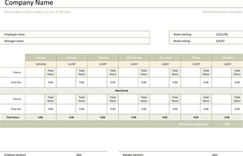 Free Weekly Time Sheet With Breaks Xlsx 41kb 1 Pages