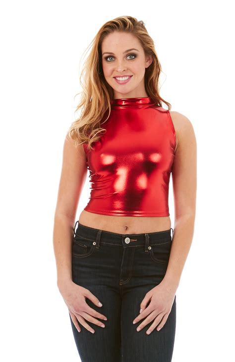 Buy Red Hanger Women S Tank Top Metallic Wet Look Mock Neck Turtleneck Crop Top Online At